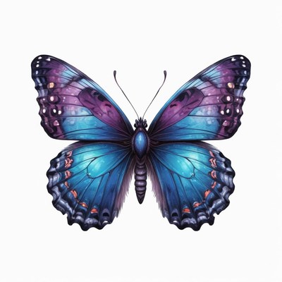 A blue and purple butterfly with its wings spread wide
