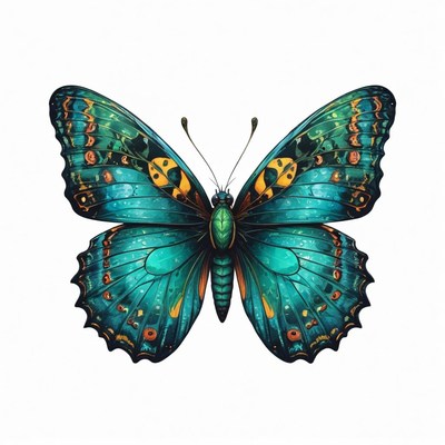 Teal butterfly with yellow spots on white
