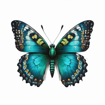 Blue butterfly with yellow accents on white