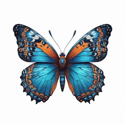 A blue and orange butterfly with its wings spread wide