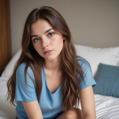 A young woman with long brown hair sits on a bed