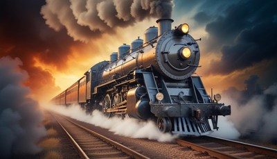 Steam engine rolls through countryside at sunset