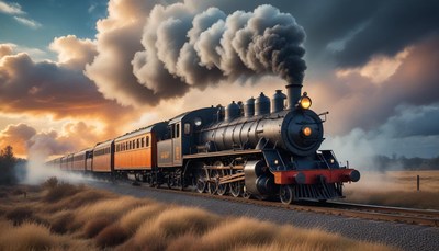 A steam train chugs through a rural landscape