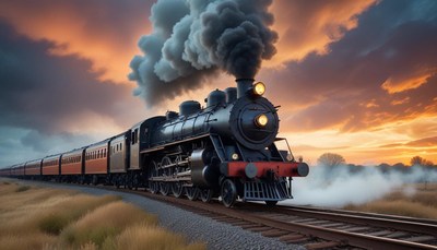 A steam engine travels through the countryside at sunset