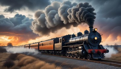 Steam train journeys through sunset countryside