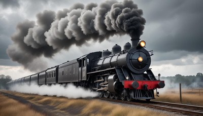 A steam locomotive pulls a train through the countryside