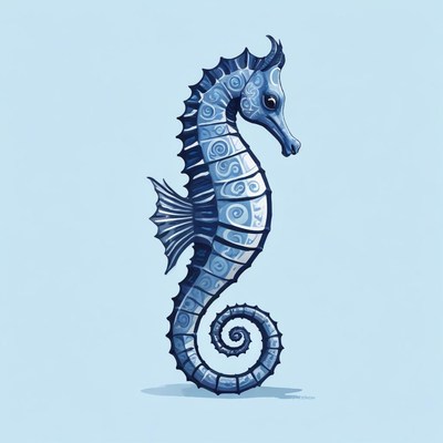 A patterned blue seahorse on a light blue background