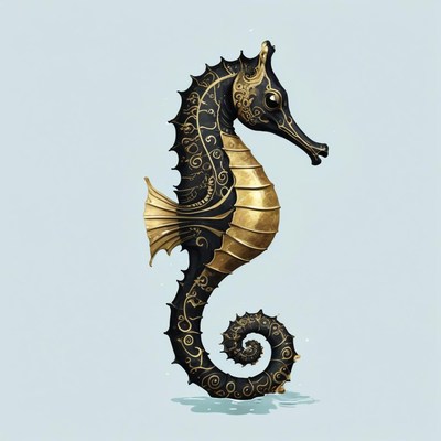 A detailed black and gold seahorse in water