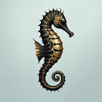 A golden seahorse swims through the water