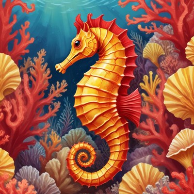 A yellow seahorse swims through colorful coral