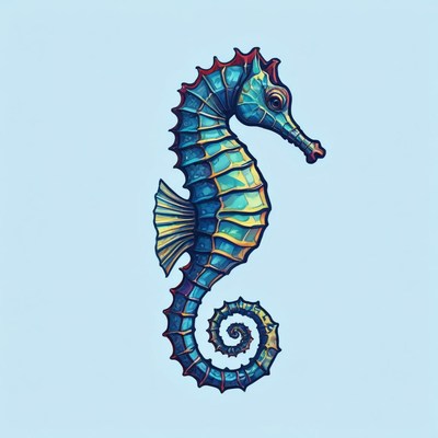 A blue and yellow seahorse with a curled tail
