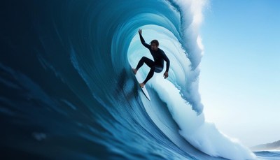 A surfer rides a large wave on a sunny day