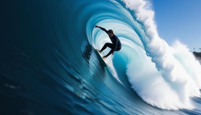 A surfer rides a large wave on a sunny day