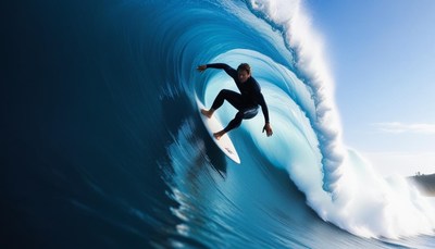 A surfer rides a large wave on a sunny day