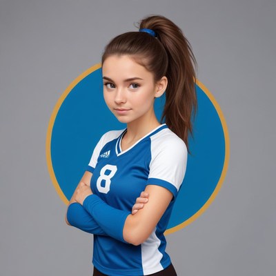 Young woman in blue jersey with number eight stands