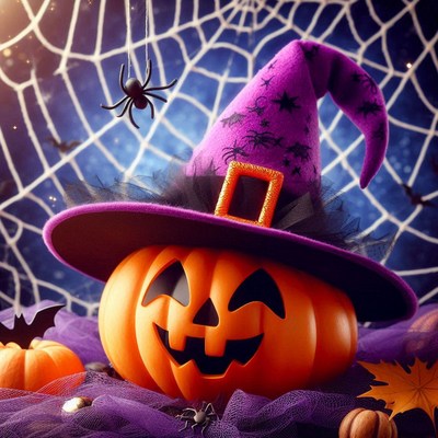 A pumpkin wearing a witch hat sits in front of a spider web