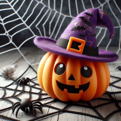 Pumpkin in witch hat on spiderweb for halloween
