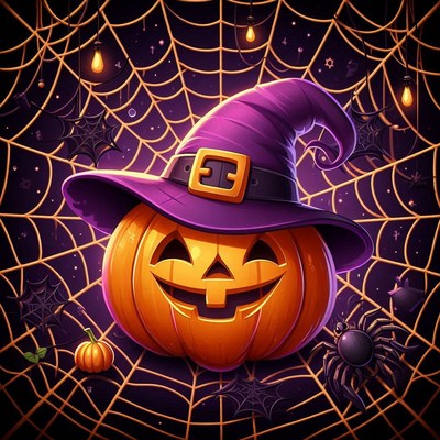 A jack-o'-lantern wearing a witch hat sits in a spiderweb