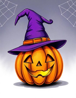 A pumpkin wearing a witch hat sits against a gray background