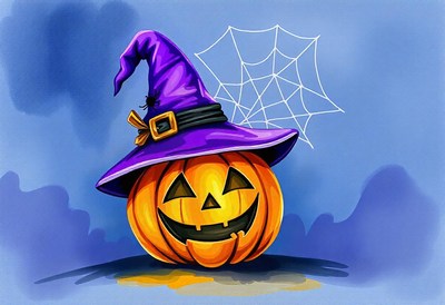 Smiling pumpkin in a witch hat on blue background