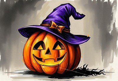 A carved pumpkin wearing a witch's hat sits on a table