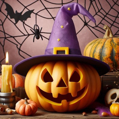 Pumpkin in a witch hat among other pumpkins