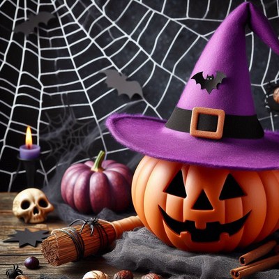 A carved pumpkin wearing a witch's hat for halloween