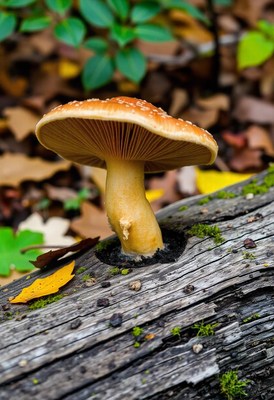A mushroom grows from a log in the forest