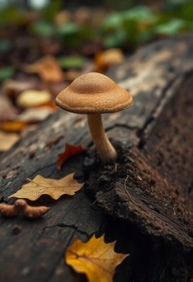 A small mushroom grows on a log in the woods