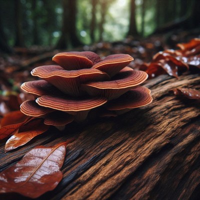 Brown mushrooms grow on a fallen log in a forest