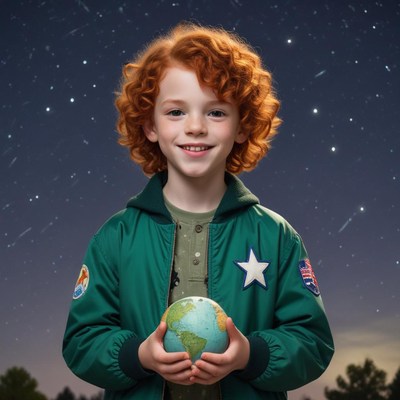 A young boy holds a globe in front of a starry night sky