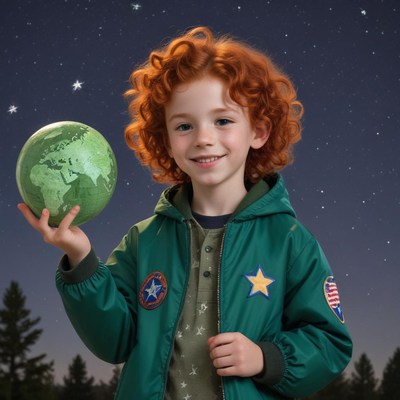 A young boy holds a globe under a starry night sky