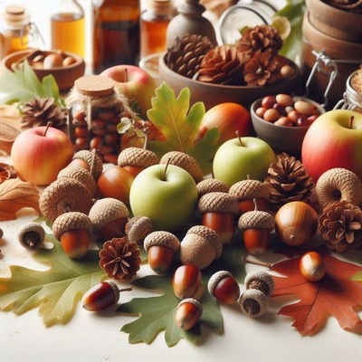 Acorns, apples, and leaves are scattered on a table