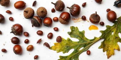 Acorns and an oak leaf on a white surface