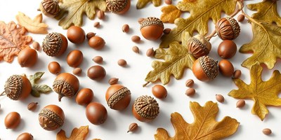 Acorns and oak leaves lay on a white background