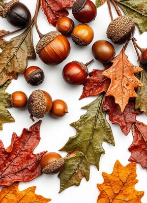 Acorns and fall leaves on a white background