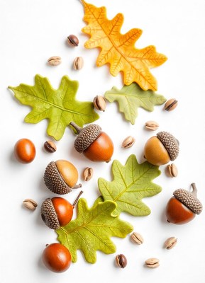 Acorns and oak leaves on a white background
