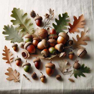 Acorns and leaves on a table in the fall