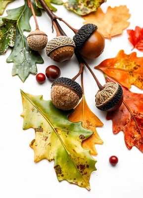Acorns and leaves on a white background