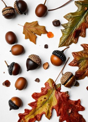 Acorns and leaves on a white background