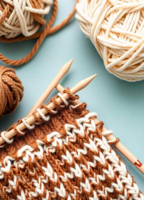 Knitting a brown and white scarf on a blue surface