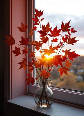 Maple leaves in a vase by a sunset window
