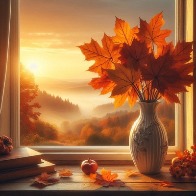Autumn leaves in a vase by a window