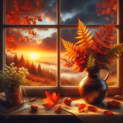 Autumn leaves frame a sunset over a foggy forest