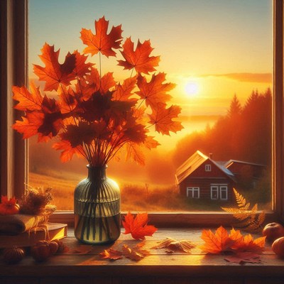 Maple leaves in a vase by a sunset window