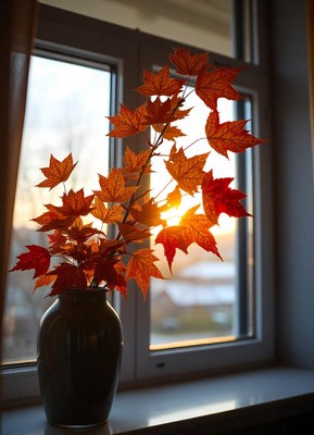 Autumn leaves in a vase by a window