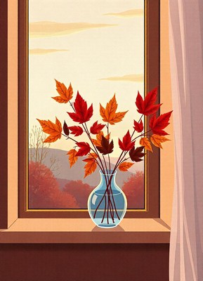 Autumn leaves in a vase on a windowsill