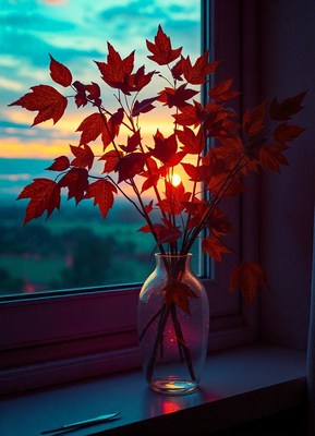 Red leaves in a vase by the window at sunset