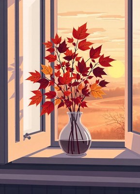 Red leaves in a vase atop a sunset windowsill