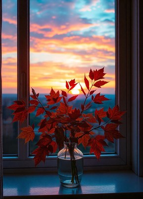 Red leaves in a vase on a windowsill with a sunset view